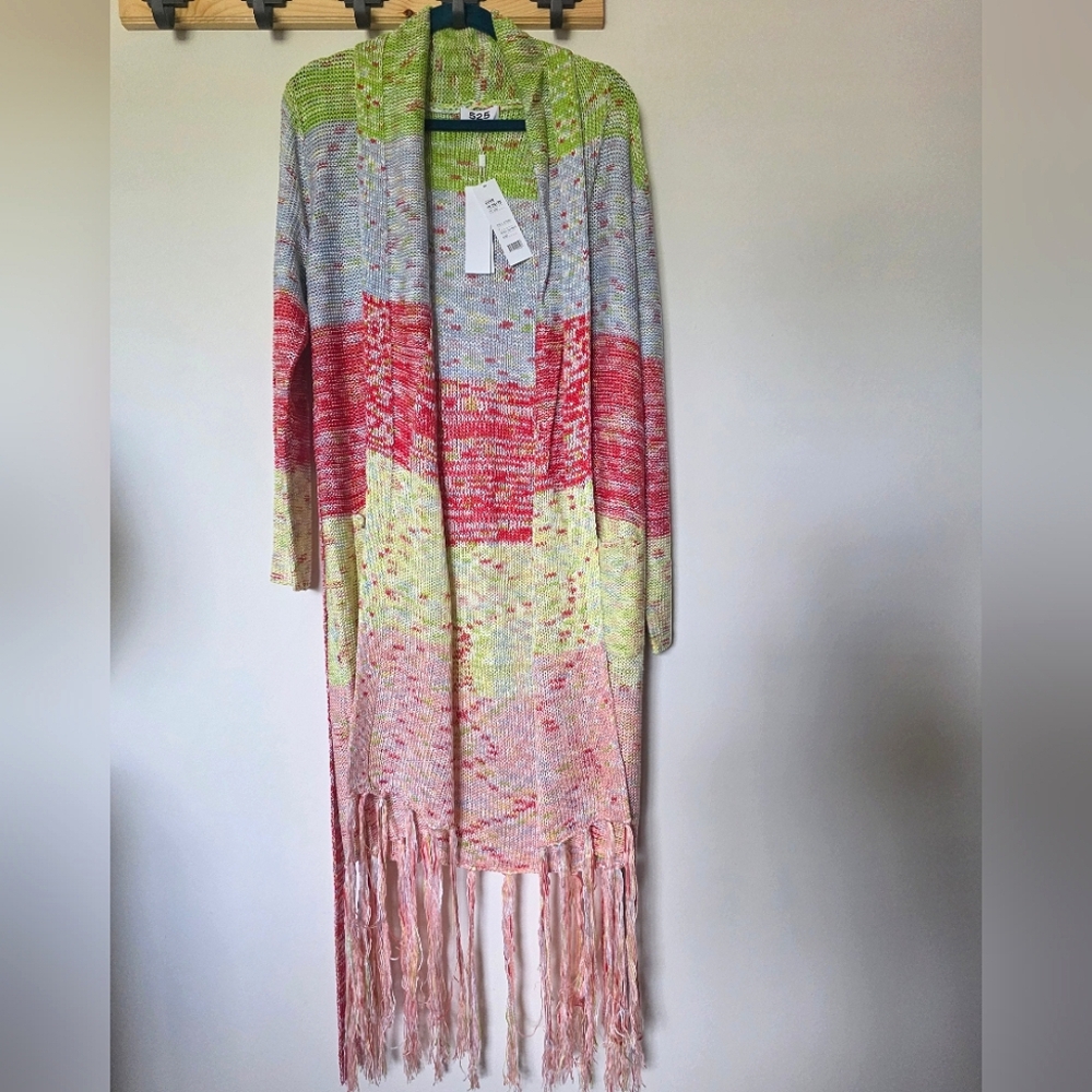 525 America Fringe Long Colorful Belted Knit‎ Cardigan Sz Small - Picture 5 of 9